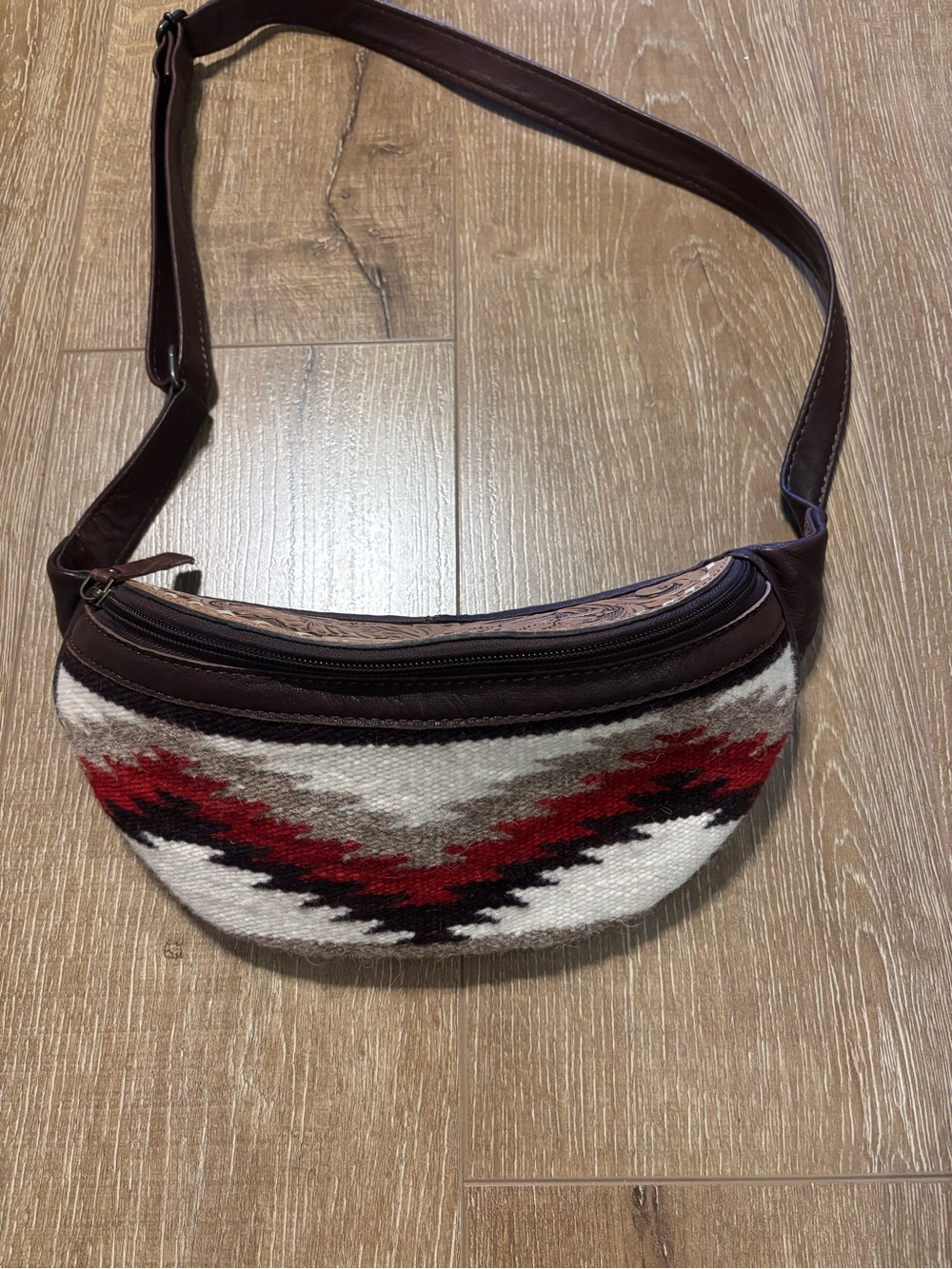 Genuine Leather and Woven Southwestern Crossbody Bag in Red, Cream & Brown